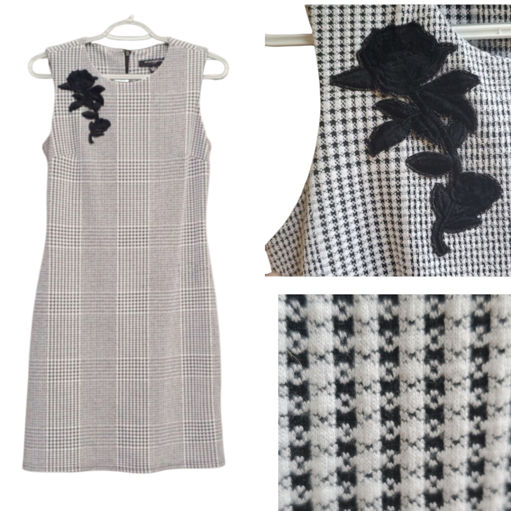 Sharagono Houndstooth Sleeveless Black White Floral Applique Dress 4 Bac…